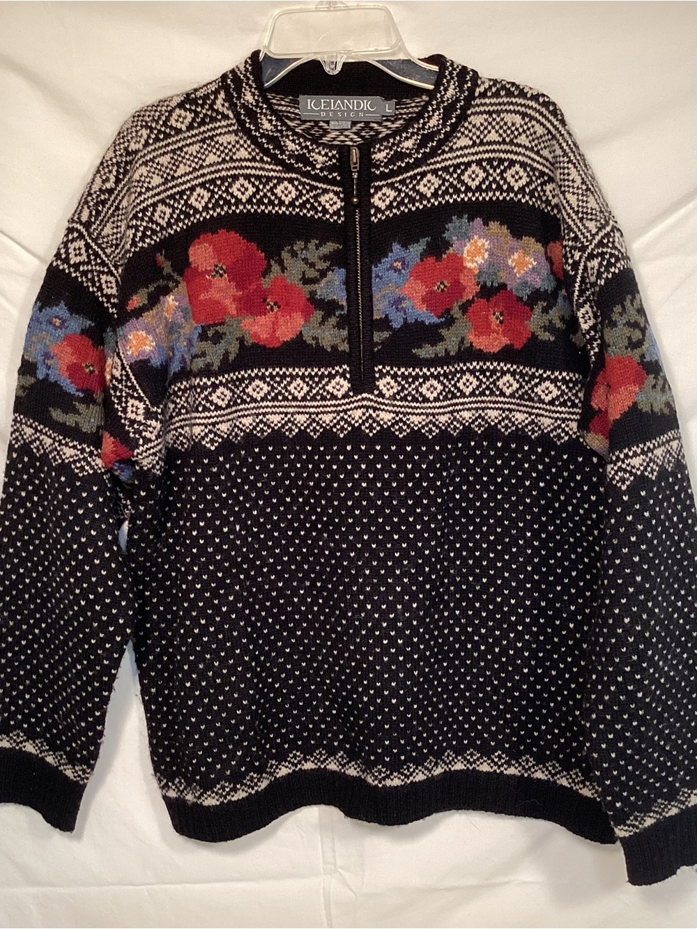 Icelandic Designs Wool Black Floral Nordic Half-Zip Sweater Women’s Size Large